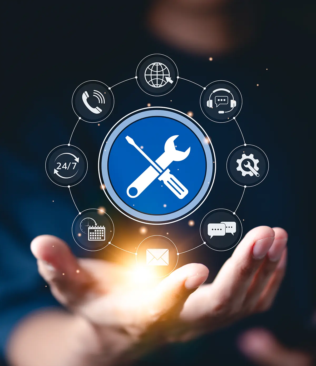 Technische Unterstützung und Kundenservice Konzept. Icon von Werkzeugen, mit Icons für Kundenservice, 24/7 Support, Kommunikation und technische Wartung. Business-Technologie in der Kundenbetreuung.